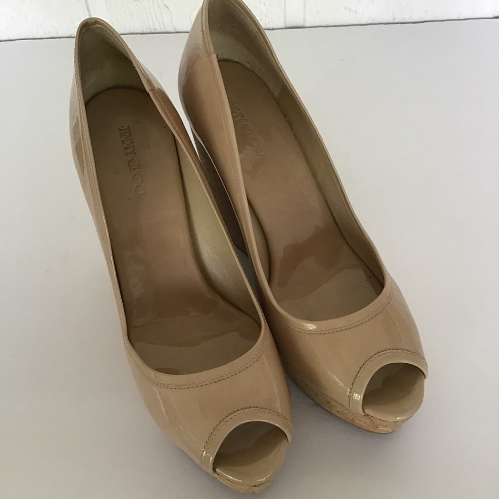 JIMMY CHOO NUDE PATENT LEATHER CORK WEDGE SIZE 10 - Picture 3 of 15
